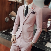  Light pink personality red lips embroidered slim suit suit Groom wedding dress host performance suit male