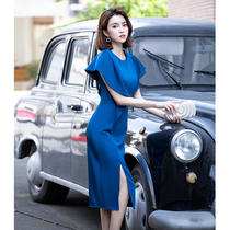 Banquet small evening dress Femininity luxury big name high-end socialite niche light luxury blue dress dress summer
