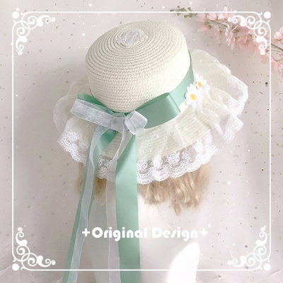 taobao agent Original hand -made lolita white chrysanthemum straw hat bows floating ribbon sun hat Sweet fairy ancient wind out of rural hats