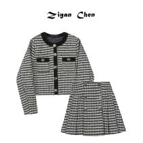 ZiyanChen Chen Ziyan 2021 Winter new small fragrant wind thousand bird grid short coat high waist two-piece female