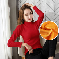This year base shirt female autumn and winter New plus velvet thick warm long sleeve T-shirt women inside slim red top