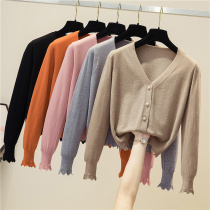 Lace V-neck slim short Korean knitted cardigan womens outer small coat solid color long sleeve 2021 early Autumn New