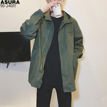 Swallow-tailed long windbreaker jacket mens fattened plus size hooded loose jacket tide fat autumn tooling retro