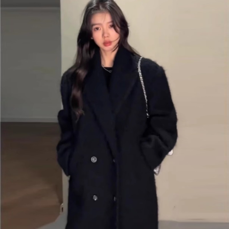 黒スーツウールコート女性のための 2024 冬の新韓国スタイルミッドレングス肥厚ヘボンスタイルショルダーウールコート