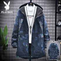 Playboy long windbreaker mens Spring and Autumn Tide brand fashion clothes mens autumn winter hooded jacket