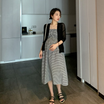 High-grade pregnant womens clothing summer fashion Net red suit autumn Plaid sling dress shirt two-piece female tide