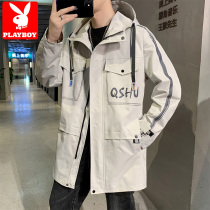 Playboy windbreaker mens mid-length spring and autumn Korean version of the trend brand loose casual tooling jacket jacket