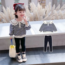Girl set autumn 2021 new children Korean striped sweater pants two-piece foreign style small childrens clothing fashion