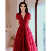 Bridal toast dress Summer wine red elegant temperament tutu French socialite evening dress Wedding small dress female