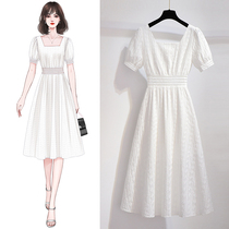 White dress womens summer 2021 new foreign style French temperament thin square collar short-sleeved medium-long skirt