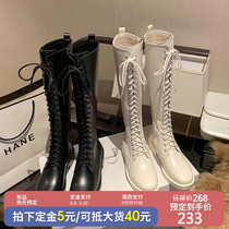 Motorcycle boots womens thick-heeled boots womens knee-high spring and autumn boots white high-barrel knight boots lace-up long-barrel Martin boots
