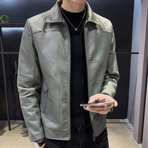 Leather mens 2021 new casual lapel locomotive jacket Korean version of the trend handsome Joker coat spring and autumn