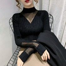 Big code womens spring and autumn lace knit undershirt blouse jacket chubby and half-high collar foreign air hitch a touch of light and familiar design