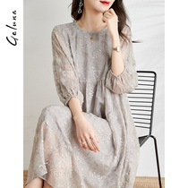 2022 new mulberry silk embroidery one-piece dress female spring and summer Han version high-end sense grey loose heavy lbs true silk long dress