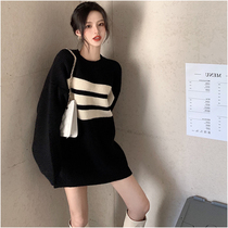 Sweater women loose wear thick lax wind black striped sweater spring and autumn 2021 new pullover top