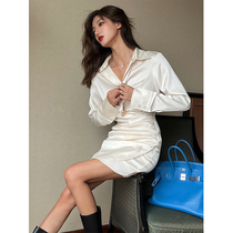 HBE WATER BROTHER Blistering Champagne sister satin long sleeve v collar shirt skirt woman casser-clad waistcoat Hip Skirt dress