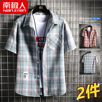 Antarctic shirt Mens short-sleeved summer trend plaid shirt Mens casual loose Japanese all-match top clothes