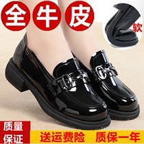 2022 Spring autumn season new genuine leather Skylar lacquer leather black small leather shoes coarse with round head flat-bottomed female single shoes