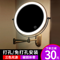  Bathroom mirror makeup mirror Wall-mounted punch-free hotel bathroom folding telescopic simple led beauty mirror with light
