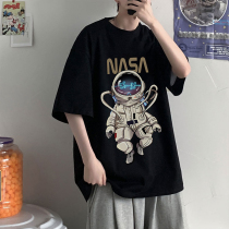 Summer short-sleeved mens T-shirt ins trend loose and wild round neck T-shirt Hong Kong style casual cartoon handsome half-sleeve top