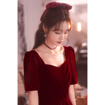 Toast service bride Autumn and winter 2021 new wine red wedding engagement Thank you banquet dress velvet usually wear Women