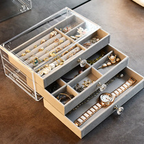 Can be superimposed three-layer drawer type crystal handle jewelry box earrings earrings stud necklace jewelry storage box finishing