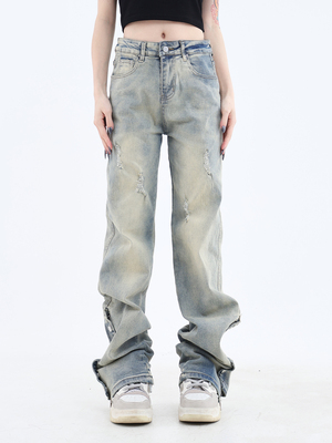 taobao agent Jumpnext Guo Chao Yellow Mud dyed jeans Side zipper schedules Wash VIBE American high street pants