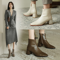 White sheepskin small short boots female spring and autumn single boots thick heel square head French and ankle leather retro brown high heel boots
