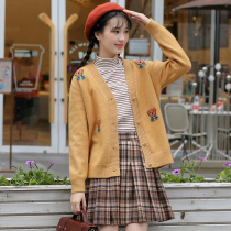 Girl cute V-neck knitted cardigan junior high school student sweater coat autumn and winter thin high school girls winter dress sweet