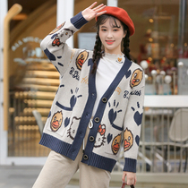 Girl sweater autumn and winter sweater junior high school students high school girls cute cartoon cardigan coat Academy style
