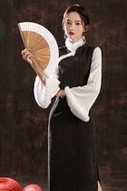 Winter 2021 new plush collar cheongsam fake two-piece inverted big sleeve retro Republic of China style knitted dress daily