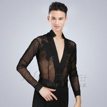 New Latin dance suit mens performance suit long sleeve mesh openwork black embroidered top performance suit bright diamond