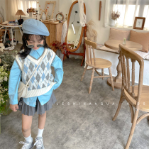 Yiran childrens products Korean childrens clothing girls autumn new college style long-sleeved shirt shirt Lingge knitted vest