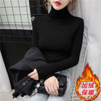 2021 Spring and Autumn New High Collar Autumn Winter Joker Black Plus Velvet base shirt T-shirt Women Delong Thick Warm