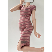 Pregnant woman dress summer with lean elasticity cross thin mom stripes tight knitting short skirt