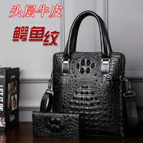  Leather crocodile pattern mens bag handbag shoulder bag messenger business bag head layer cowhide briefcase vertical postman bag