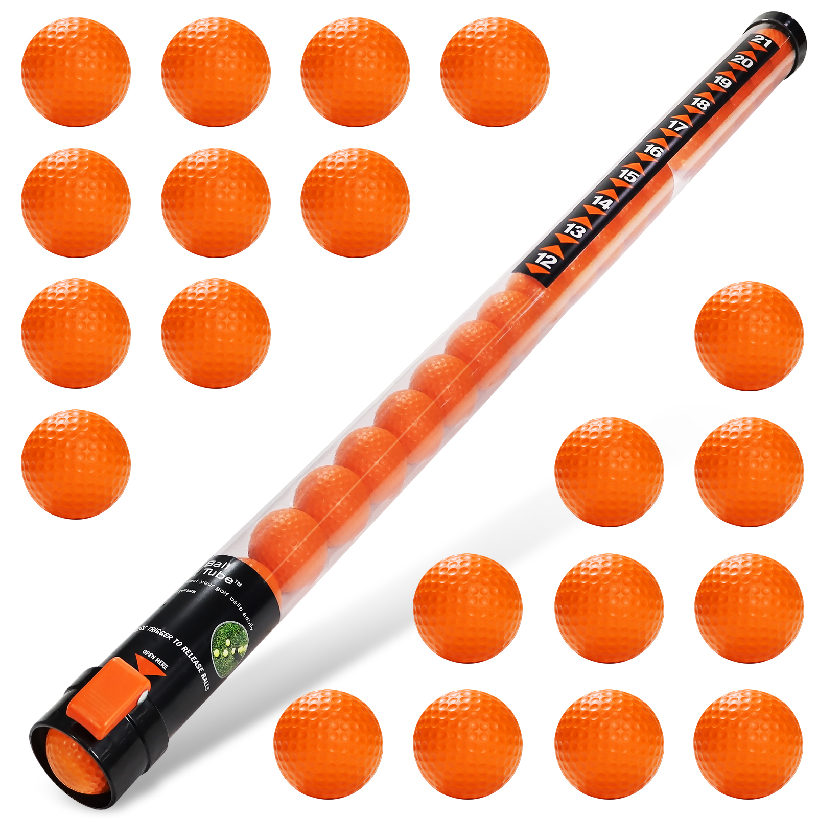 新しいゴルフボールピックアップバケット、ポータブル透明ボールピックアップバケット、曲がりがなく、21個のPUボールが無料です。