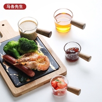 Creative glass sauce cup sauce saucer wooden handle milk jar dipped dish Mini Milk Cup seasoned steak Western juice bucket