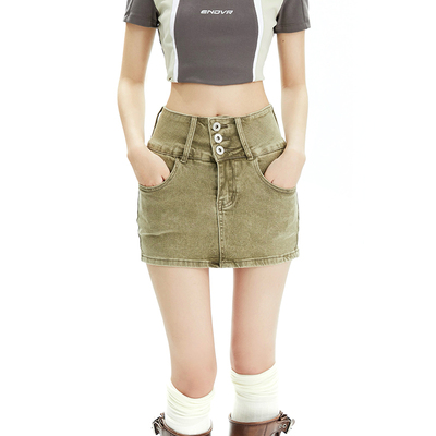 taobao agent Denim skirt, summer retro shorts, fitted pleated skirt, American style, high waist, A-line
