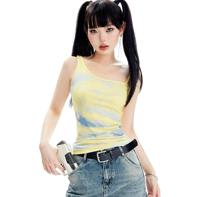 taobao agent APEA double -layer printing cosmic spacecraft gauze knitted vest irregular shoulder strap hot girl wearing chic tops J