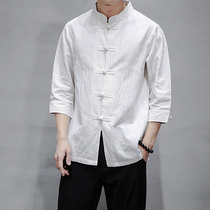 Chinese retro Tang dress shirt Mens linen costume Han suit Casual tunic Tea suit Zen suit Morning exercise Tai chi suit