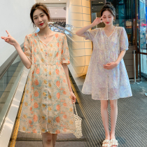 High-end pregnant womens new summer dress fashion loose large size French embroidery V-neck pregnant womens summer skirt trend