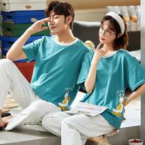 Boyfriend and girlfriend trousers simple blue spring and autumn pure cotton short-sleeved S-4XL couple pajamas home clothes 60-220 kg