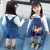 Female baby Summer Childrens new style spring and autumn denim backpack skirt suit girl skirt two-piece set