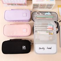  Creative solid color large-capacity stationery box female cartoon pencil box cute primary school three-layer junior high school pencil bag Kindergarten children men and women canvas stationery bag simple ins tide girl pencil box