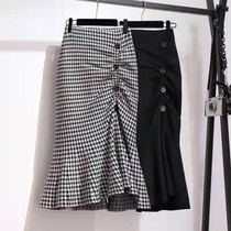2021 Spring Summer new fishtail skirt skirt long bag hip skirt high waist slim split grid skirt children