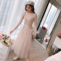 Spring and Autumn 2021 New Slim Mesh Knitted Dress Long Fake Two Set Dress Sweet Sweater Women