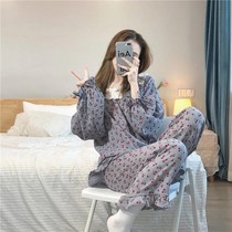 Cotton yarn pajamas women's spring and autumn woven cotton long sleeve retro French floral girls age reduction girl size home clothing suit