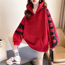 Large size womens 2021 New Tide ins autumn and winter red high neck sweater womens lamb wool plus velvet padded jacket
