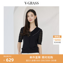 vGrass Vignanese 2022 Spring summer new V-lead lace splicing stitch-knitted sweatshirt with sleeveless blouses